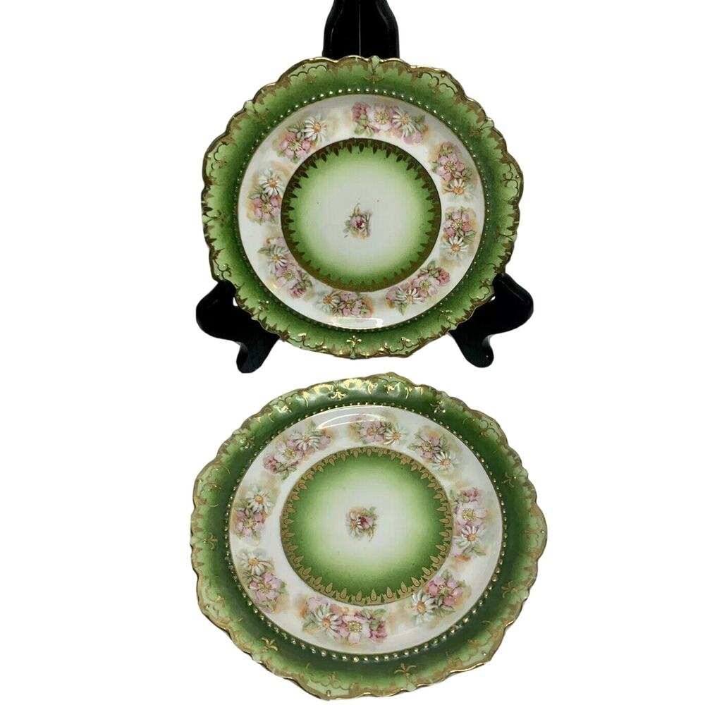 2 Moritz Zdekauer Austria Plate Scalloped Hand painted flowers green gold trim